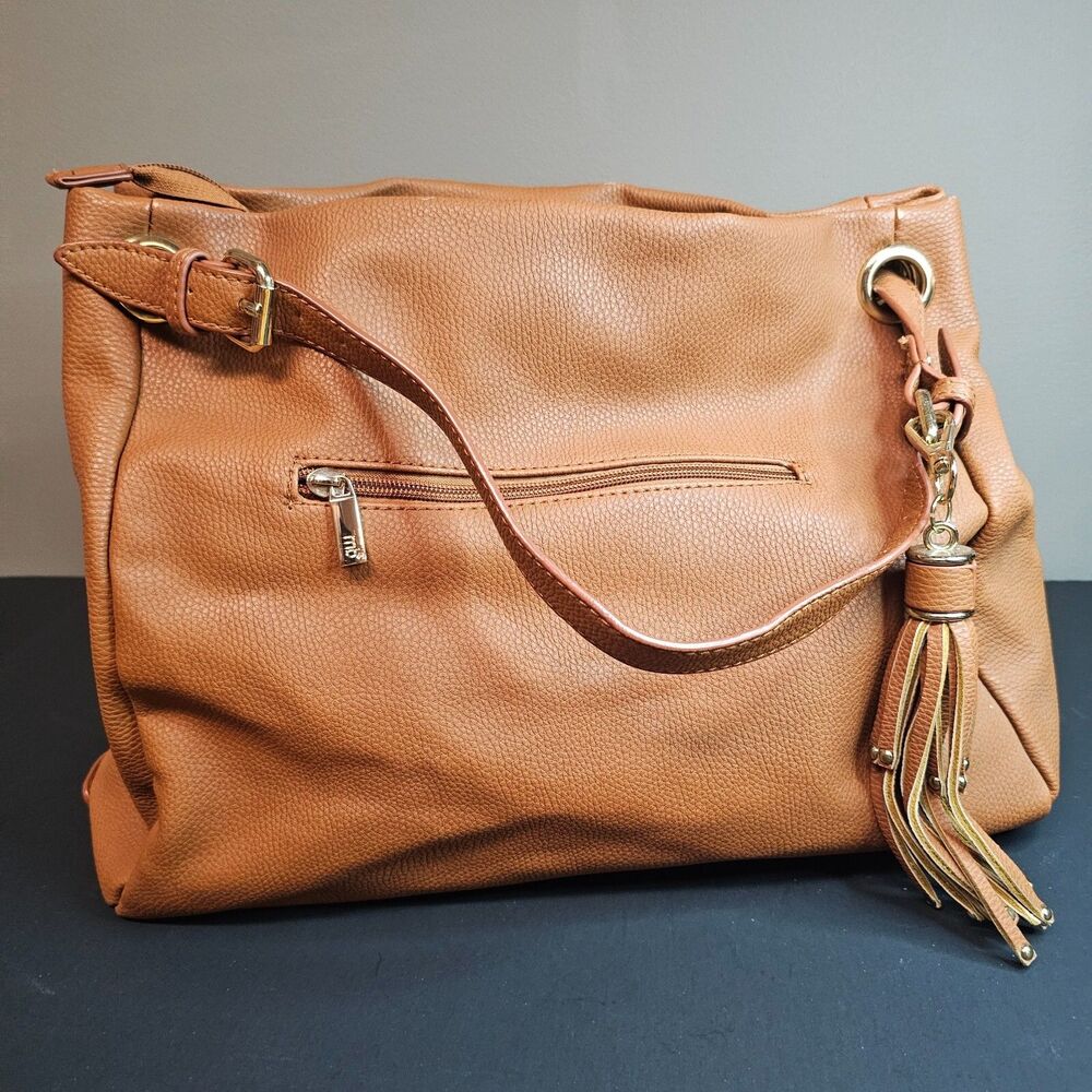 Anthropologie Melie Bianco Vegan Leather Camel Hobo Purse Handles Gold 11 x 16" - Picture 2 of 13